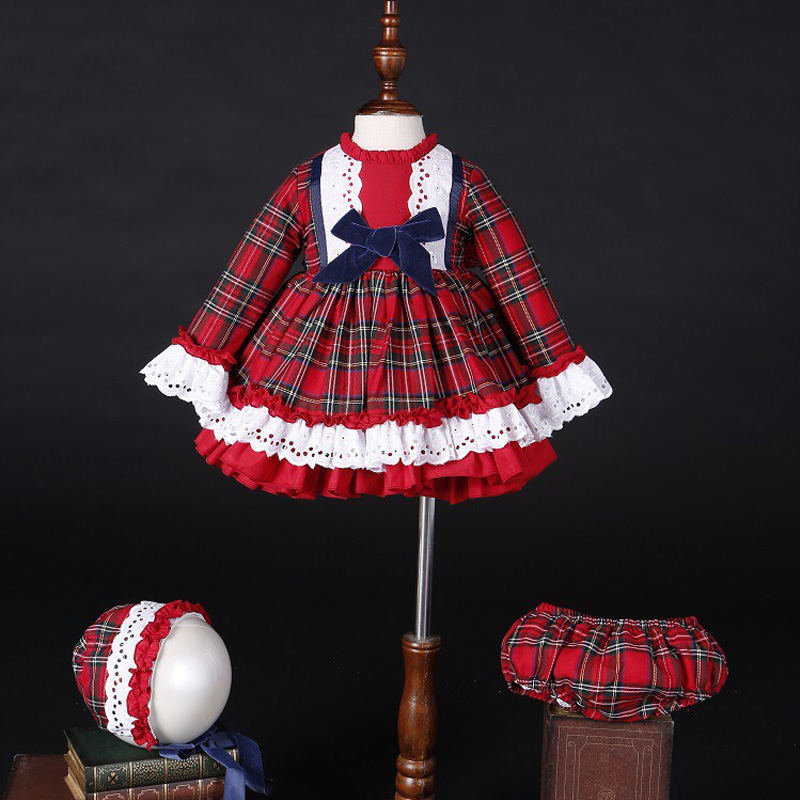 Winter Clothing For Babies - Vestido de Princesa Vintage Xadrez Vermelho